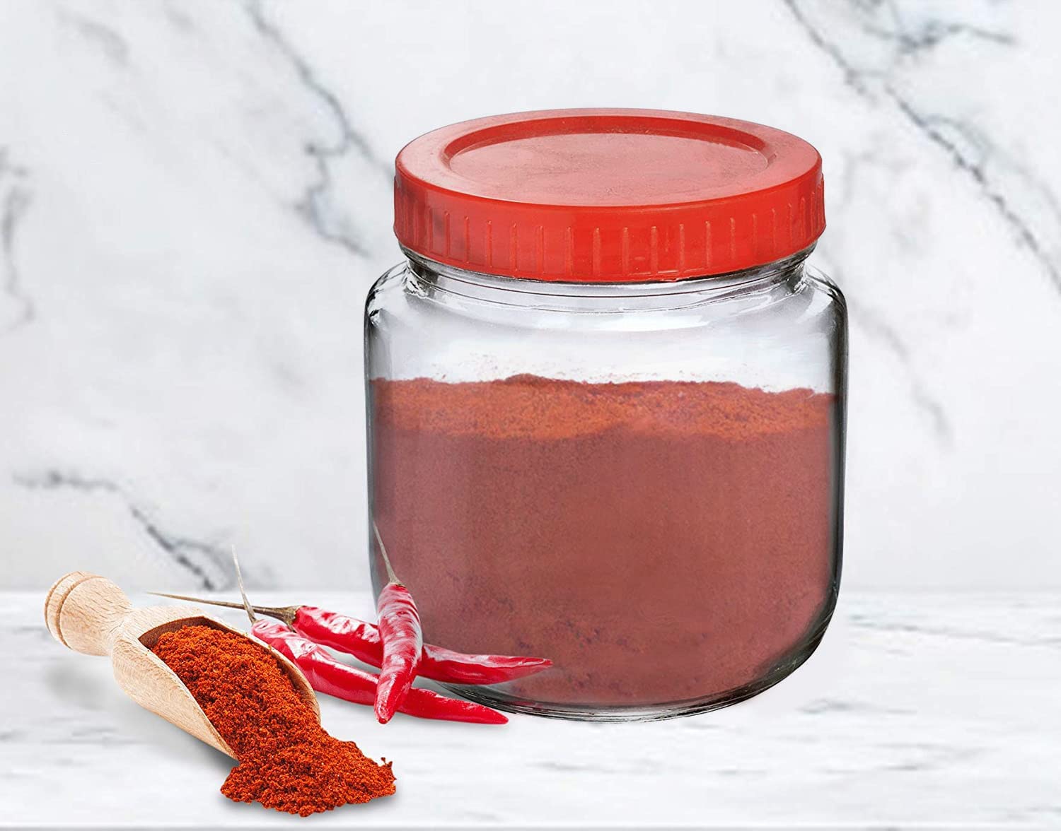 Feelopie Aahar Jar with Red Lid for Lentils, Food, Pickles, Spices, Sweets, Snacks, Rice, Kitchen Storage (500ml, Set Of 4)